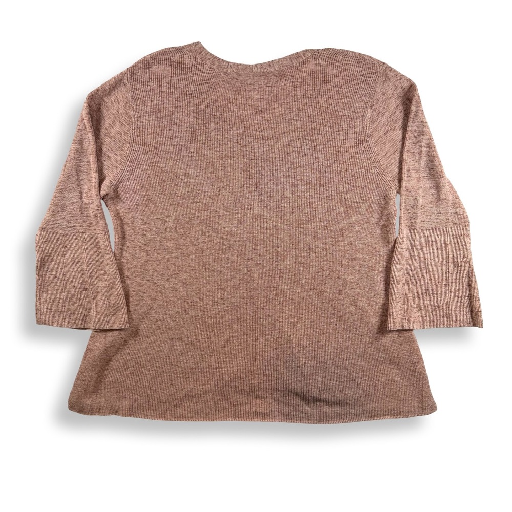 Eileen Fisher Organic Cotton Ribbed V-Neck Bell Sleeve Sweater Pink F18ORQ M - Picture 2 of 7
